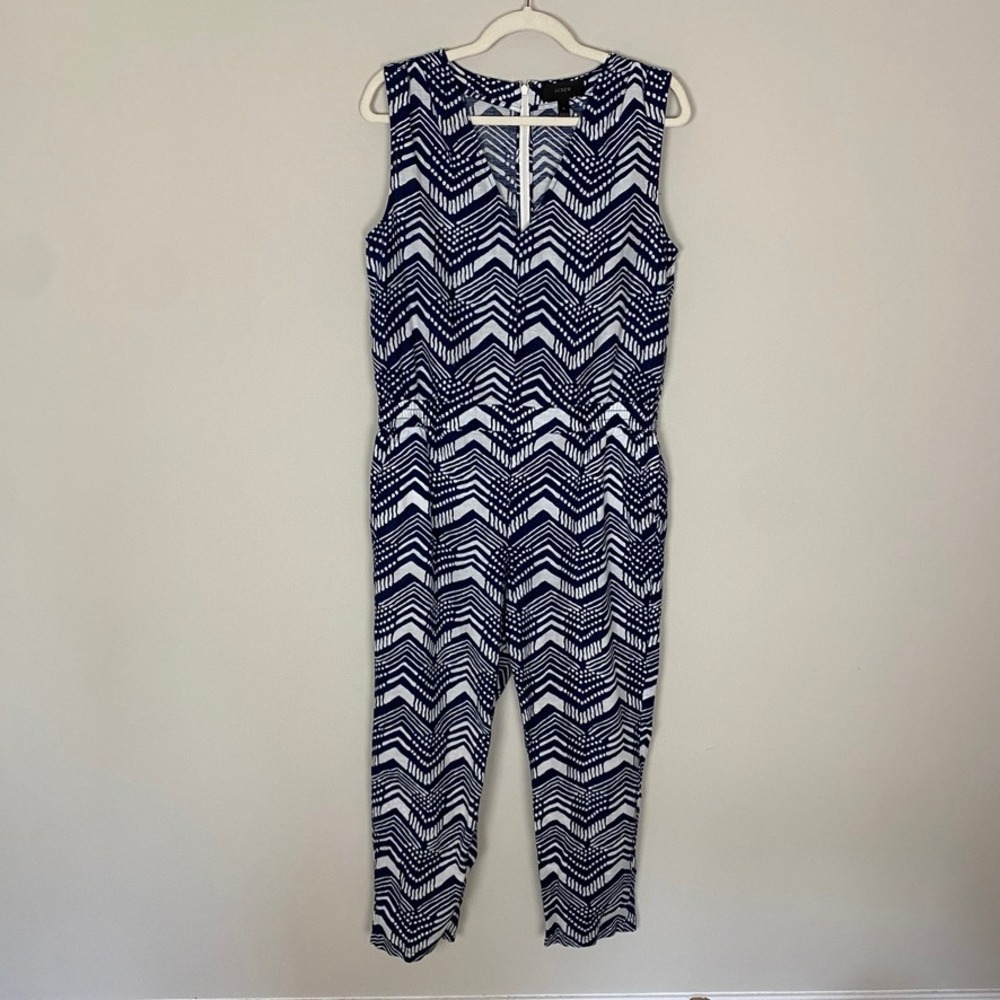 J.Crew Geometric Chevron Sleeveless Jumpsuit Linen Cotton Blend Womens 6 Pocket